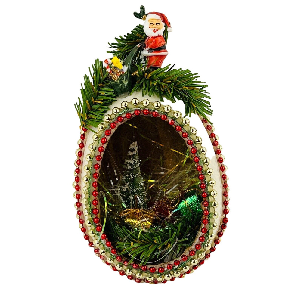 Vtg‎ Santa Toy Bag Tree Christmas Presents Egg Diorama Scene Ornament Homemade